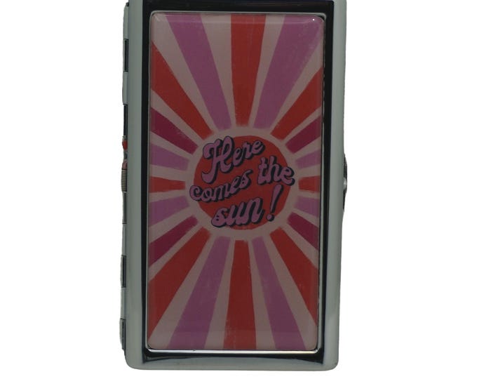 Vintage Hippy, Hippy, Here Comes the Sun, Red, Purple, King Size Cigarette Case, Cigarette Box, Metal Money Card Storage Case, 100's, Slims