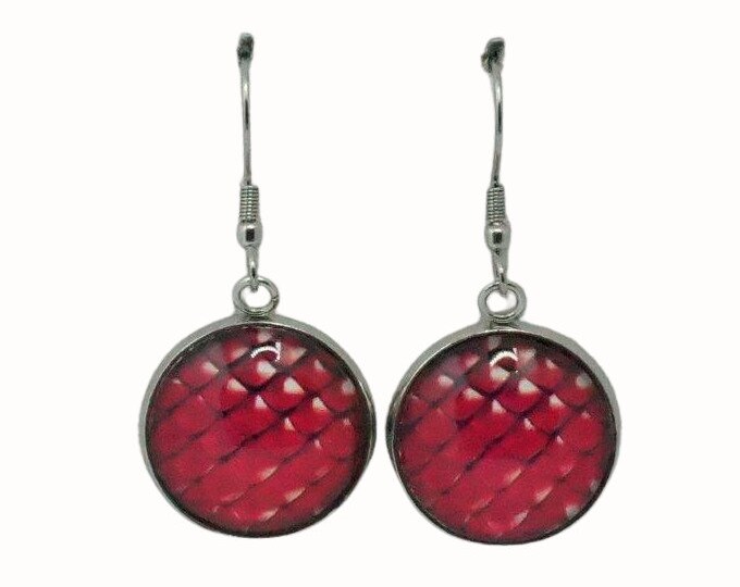 Stainless Steel Glass Tile Hooped Earrings Accessories Red Mermaid Scales