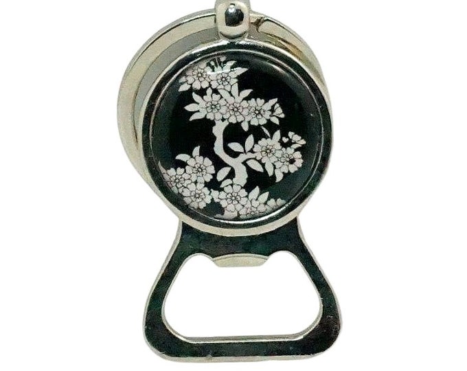 Handmade Keyring Bottle Opener Key Ring Japanese Blossom Black and White