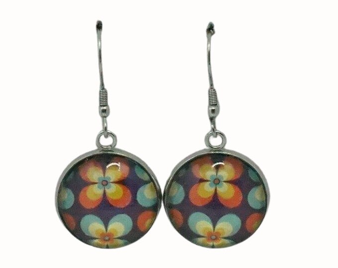 Stainless Steel Glass Tile Hooped Earrings Accessories Retro Floral Orange Brown