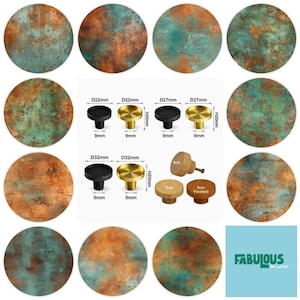 May include: A collection of round cabinet knobs featuring a weathered copper patina finish with teal and orange tones. The image displays various sizes including 22mm, 27mm, and 32mm diameters, alongside wooden knobs and the text Fabulous.