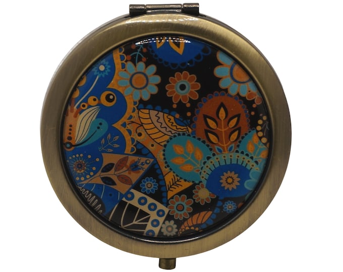 Patterned, Paisley, Blue Brown, Compact Mirror, Purse Mirror, Pocket Mirror, Handbag Mirror