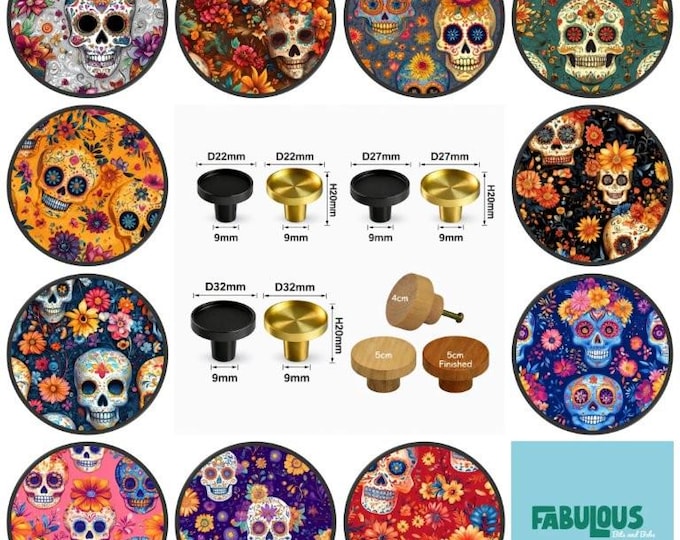Sugar Skull Wooden Drawer Knobs, Gothic Cabinet Handles, 5 sizes
