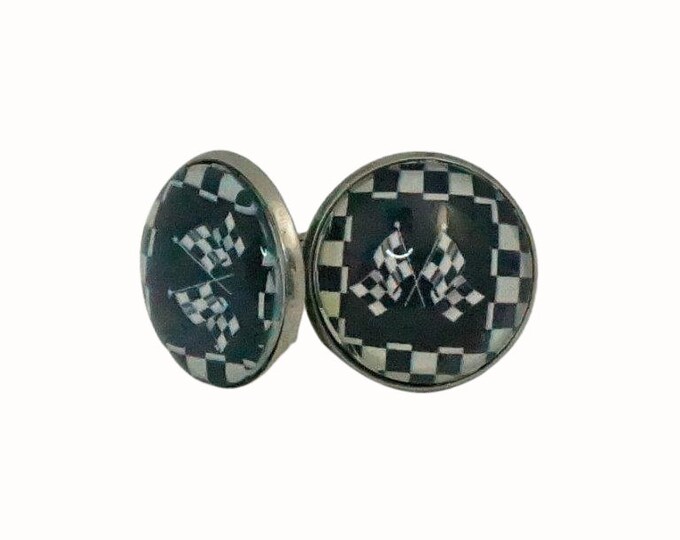 Stainless Steel Cufflinks Accessories 1.8cm Glass Racing Flags Checkered Flags
