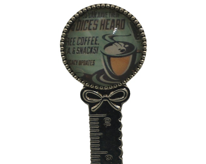 Coffee, Retro, Antique Silver Bookmark with Ruler  20mm Cabochon, Bookmark