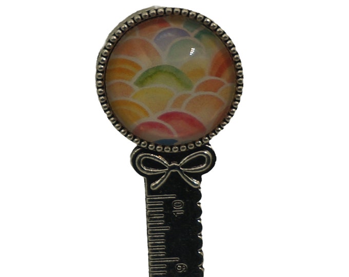 Rainbow Clouds, Antique Silver Bookmark with Ruler  20mm Cabochon, Bookmark