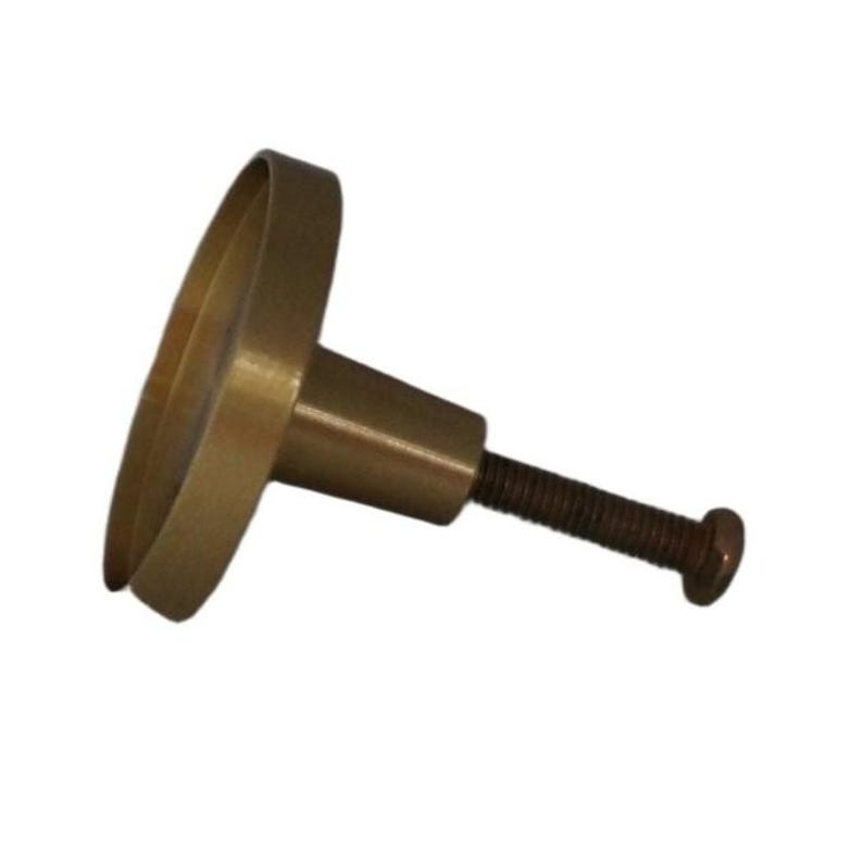 May include: A circular brass-toned cabinet knob featuring a flat, round face with a raised edge and a tapered cylindrical base. A long, threaded metal screw extends from the centre of the base, designed for attachment to furniture or cabinetry.