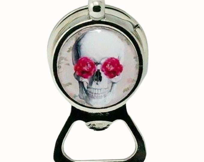 Handmade Keyring Bottle Opener Key Ring Gothic Skull with Roses