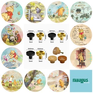 May include: A collection of circular Winnie the Pooh illustrations alongside various cabinet knobs. The metal knobs are shown in black and gold with dimensions D22mm, D27mm, D32mm, and H20mm. Wooden knobs are labelled with 4cm and 5cm measurements.