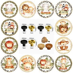 May include: A collection of circular wooden drawer knobs featuring watercolour illustrations of safari animals including lions, elephants, monkeys, and giraffes. The image includes technical diagrams showing dimensions in millimetres for various knob sizes.