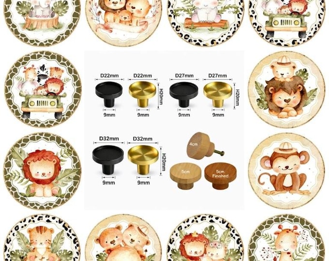 Safari Animals Nursery Decor, Wooden Drawer Knobs, 5 sizes