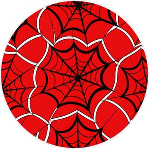 May include: Circular design featuring a red background with a black and white spiderweb pattern. The web design is composed of curved lines radiating from a central point, creating a dynamic and eye-catching visual.