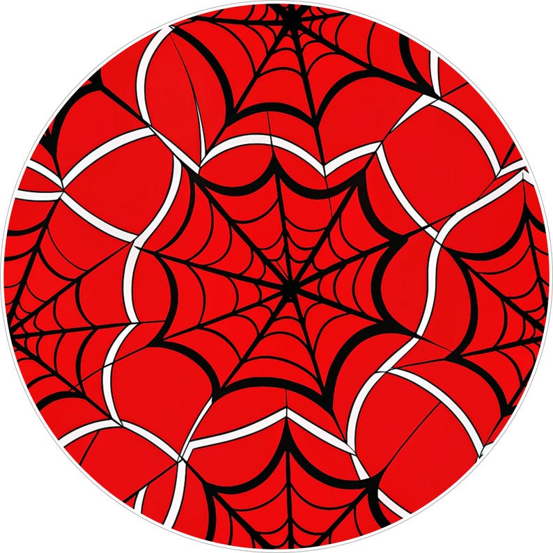 May include: Circular design featuring a red background with a black and white spiderweb pattern. The web design is composed of curved lines radiating from a central point, creating a dynamic and eye-catching visual.