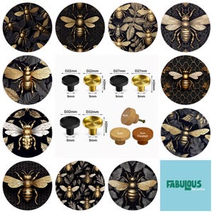 Puede incluir: Una colección de pomos circulares para armarios con motivos de abejas en tono dorado sobre fondos negros y estampados, junto a pomos de madera. Los diagramas técnicos muestran las dimensiones en milímetros, incluyendo 22mm, 27mm y 32mm.