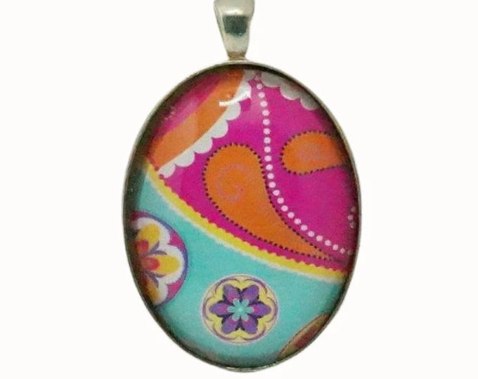 Paisley, Pink, Orange, Green, Oval Silver Plated Glass Pendant, Necklace Pendant