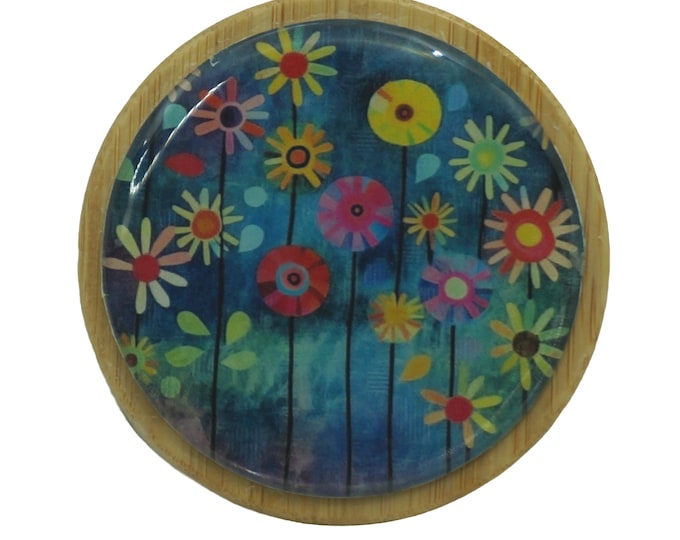 50ml Round Screw Top Bamboo Box, Wooden Box, Refillable Cosmetic Container, Jewellery Box, Keepsakes Box, Floral, Bright Flowers, Bohemian