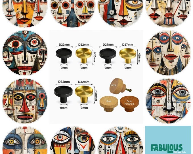 Mixed Media Faces Wooden Drawer Knobs, Decorative Cabinet Handles 3cm, 4cm, 5cm