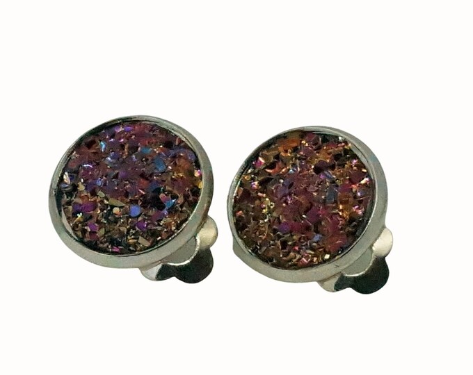 12mm Silver Plated Round Clip On Earrings Druzy Cabochon Rose Gold and Pink