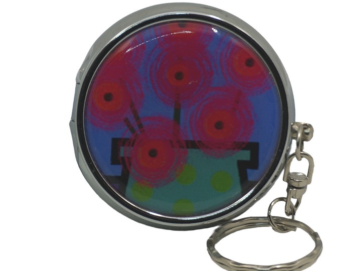 Floral, Bright Flowers, Pink, Blue, Portable Ashtray, Personal Stainless Steel Ashtray, Pocket Ashtray, Key Ring Ashtray