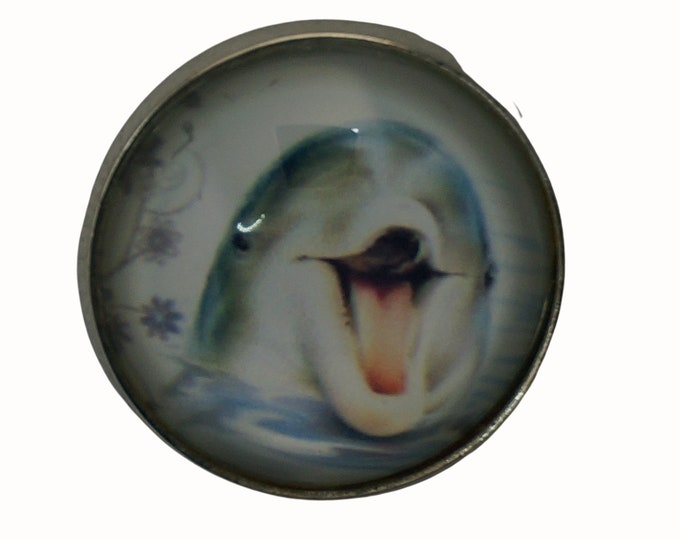 Dolphin, Round Metal Brooch, Silver Plated, 2.0cm Brooch, Glass, Scarf Pin, Lapel Pin