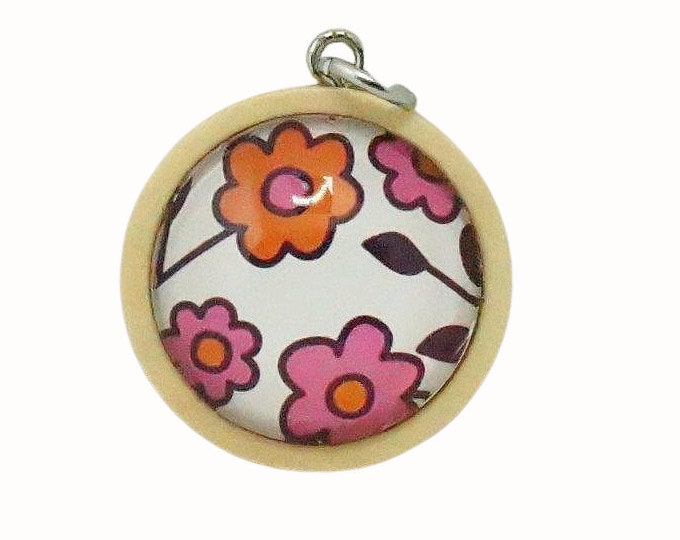 Wooden Backed Glass Tile Pendant Necklace Accessories Natural Wooden Pendant Floral Flowers Pink Orange Retro