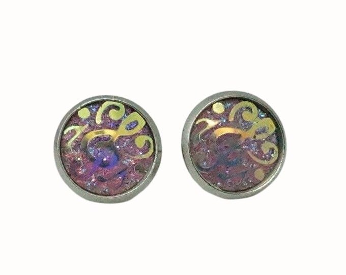 12mm Round Stainless Steel Glass Stud Earrings Druzy Cabochon Music Notes Purple