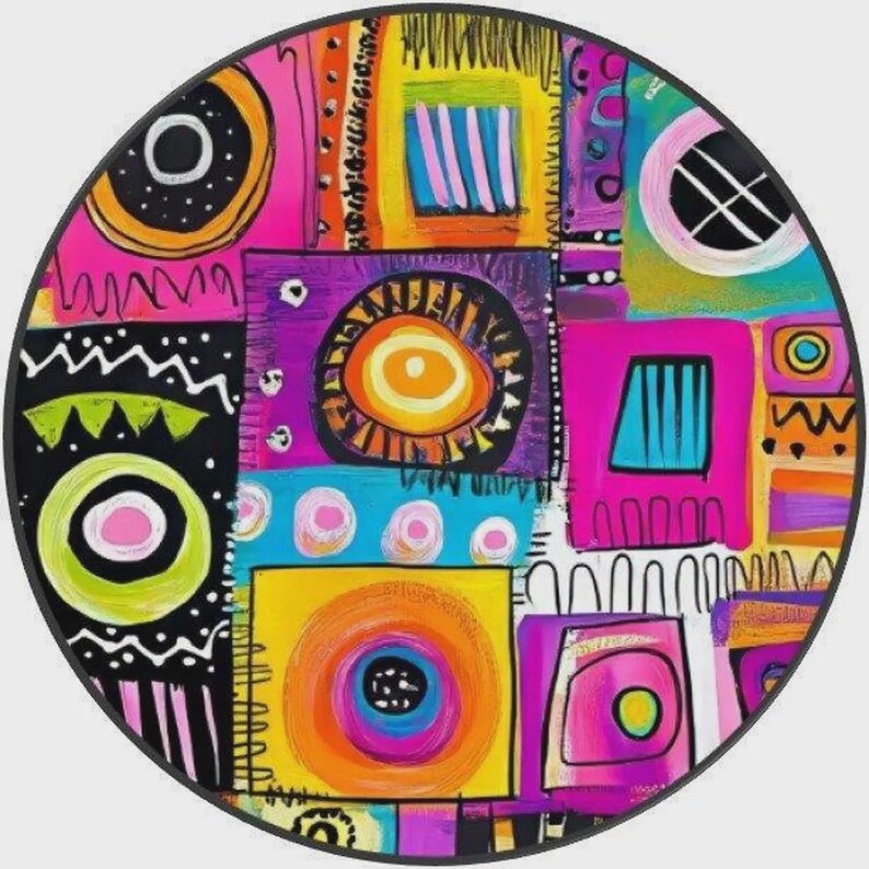 May include: A circular wall art piece featuring a vibrant, abstract composition of geometric shapes and concentric circles. The design incorporates bold blocks of yellow, hot pink, bright blue, and black, accented with white lines and patterns.