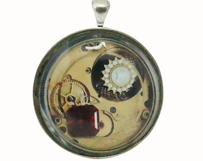 4cm Round Silver Plated Pendant Steampunk Gems Cogs