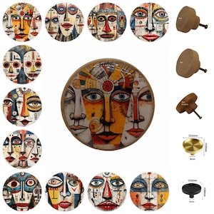 Mixed Media Faces Schubladenknöpfe aus Holz, dekorative Schrankgriffe 3 cm, 4 cm, 5 cm