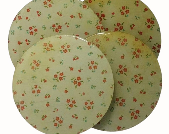 Set of Four Wooden Coasters Wine Coaster Drink Coasters Coffee Coasters Vintage Floral Beige Green Red