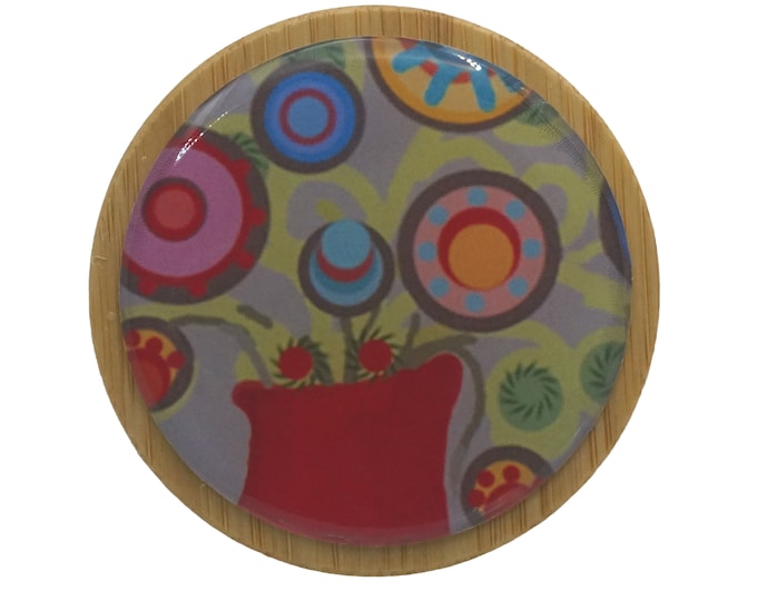 50ml Round Screw Top Bamboo Box, Wooden Box, Refillable Cosmetic Container, Jewellery Box, Keepsakes Box, Trinkets, Funky Flowers, Red, Blue