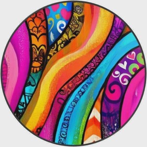 May include: A circular wall art piece featuring vibrant, abstract, wavy bands of color including hot pink, bright orange, yellow, turquoise, and purple. The design incorporates intricate black line patterns, swirls, and small heart shapes.