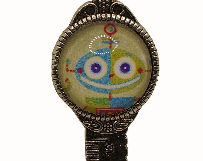 Robot, Antique Silver,  Bookmark with Ruler,  2cm Glass Cabochon