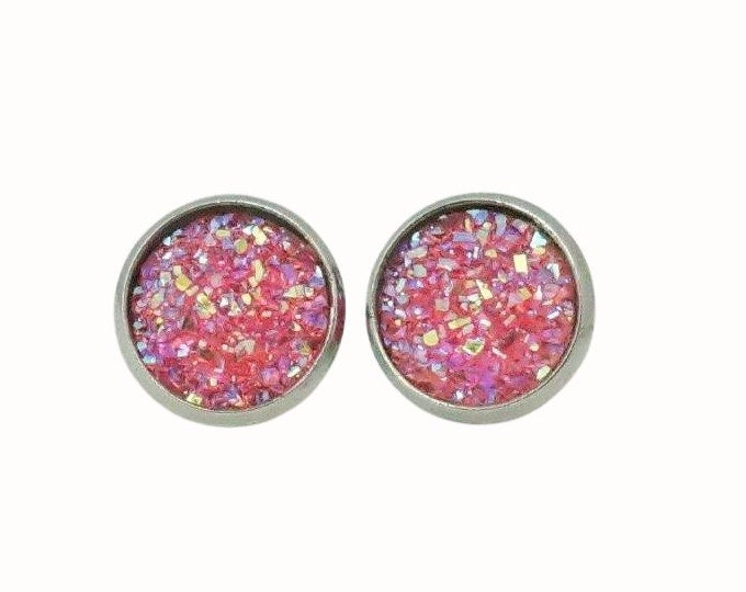 12mm Round Stainless Steel Stud Earrings Accessories Druzy Dark Pink
