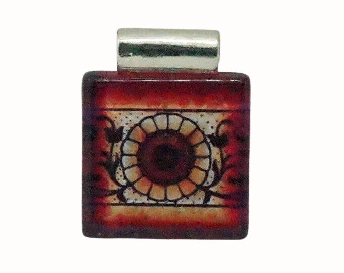Flat Square Glass Tile Pendant with Tube Bail Patterned in Red Black and White