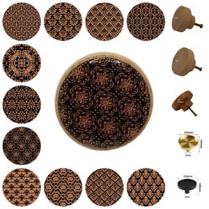 Manijas de gabinete, pomos para cajones de muebles, pomos redondos de madera, estilo vintage ornamental, en negro y bronce/cobre.