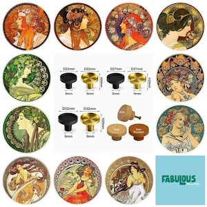 Alphonse Mucha lådknoppar i trä, popkonst-skåphandtag, möbelknoppar i mässing