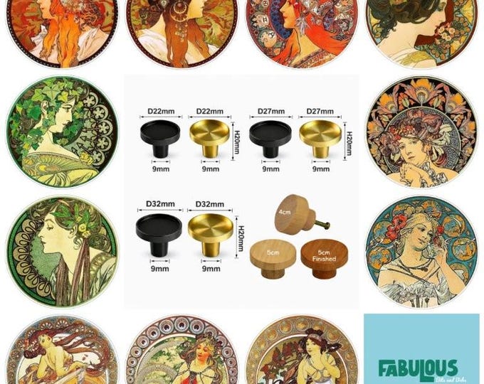 Alphonse Mucha Wooden Drawer Knobs, Pop Art Cabinet Handles, Brass Furniture Knobs