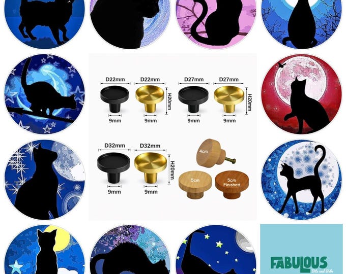 Moon Cats Drawer Knobs, Round Wooden Cabinet Handles, Brass Furniture Accents