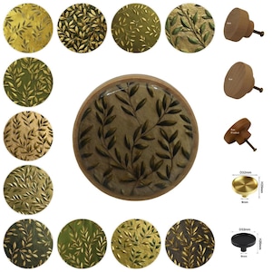 Tiradores de tocador con diseño de hojas botánicas - Verde oliva y dorado - Herrajes para gabinetes y cajones