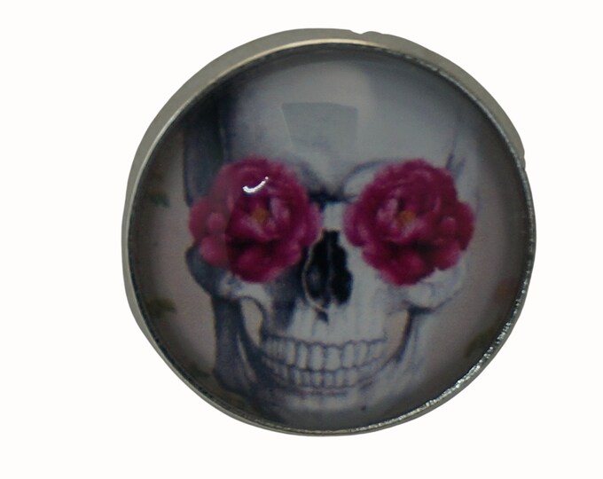 Skull and Roses, Round Metal Brooch, Silver Plated, 2.0cm Brooch, Glass, Scarf Pin, Lapel Pin