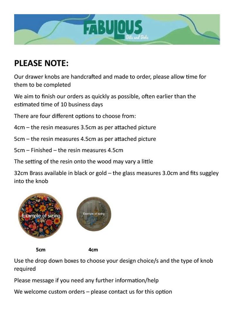May include: An informational graphic for drawer knobs featuring the brand name Fabulous Bits and Bobs. It lists four size options including 4cm and 5cm resin measurements, and 32mm brass knobs in black or gold. Two circular knob examples are shown.