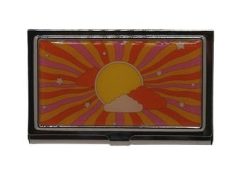 Tarjetero psicodélico con diseño de sol, estuche metálico para tarjetas de visita, pitillera, tarjetero de crédito, tarjetero de visita