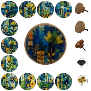 Blue and Yellow Floral  Round Wooden Cabinet Pulls, Drawer Knobs, Home Decor