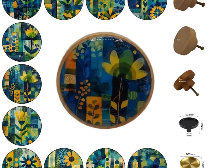 Blue and Yellow Floral  Round Wooden Cabinet Pulls, Drawer Knobs, Home Decor