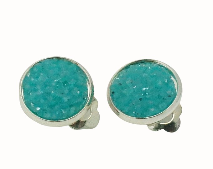 12mm Silver Plated Round Clip On Earrings Druzy Cabochon Turquoise