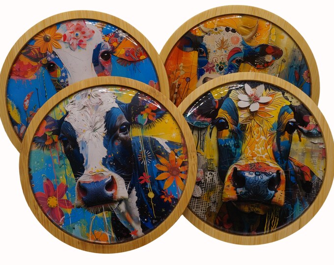 Cows, Colorful Cows, Coasters,  Set of Four Round Wooden Coasters, Wine, Drink Coasters, Coffee Coaster