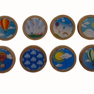 Drawer Knobs, Nursery, Decor, Hot Air Balloons, Clouds, Cabinet Handles, Furniture Drawer Knobs, Round Wooden Drawer Knobs, Cabinet Handles
