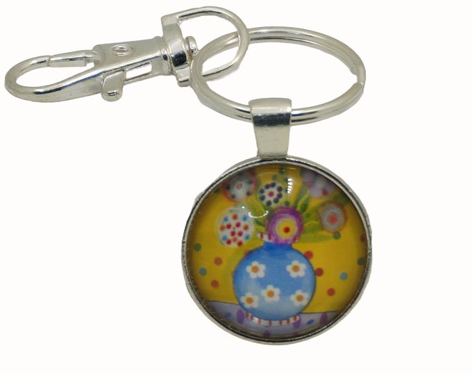Floral Bag Charm: Blue Vase, Yellow Flowers Keyring