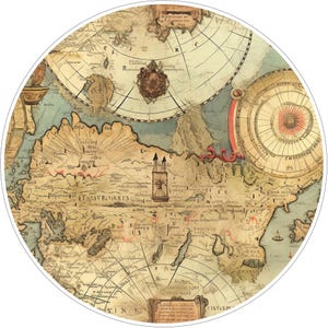 May include: A circular wall art piece featuring a vintage-style map with beige parchment tones, intricate black line work, and detailed cartographic illustrations. The design includes navigational compass elements, stylized landmasses, and text.